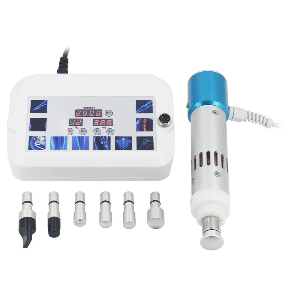 Shockwave therapy machine with white control unit, blue handheld applicator, and six assorted metal massage heads.