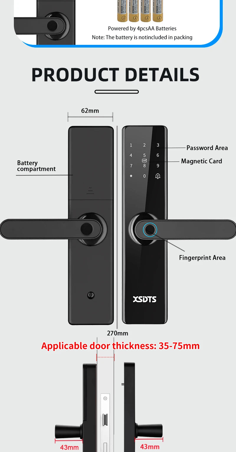 Smart Door Lock With Electronic Biometric Fingerprint Smart Card Password Key Unlock USB Tuya APP Emergency Charge lock