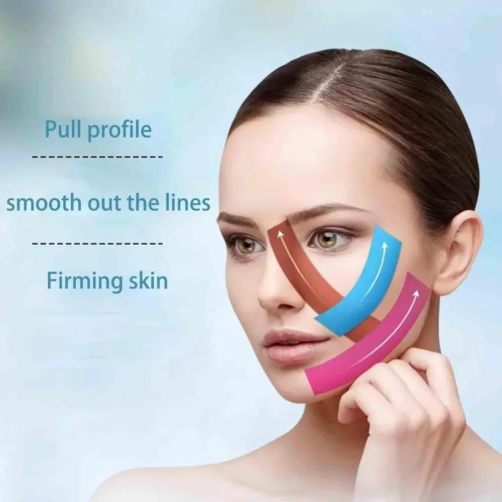 Woman's face shown with brown, blue, and pink curved lifting tapes applied to cheek and jawline with directional arrows.