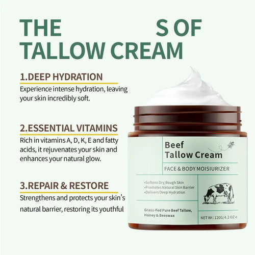 Beef tallow cream jar with key benefits headings, face & body moisturizer, brown lid