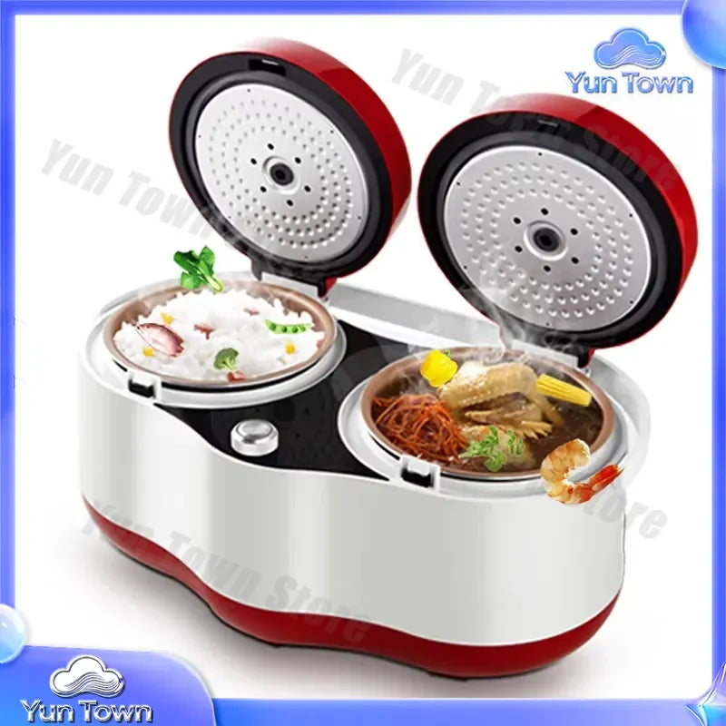 White and red electric double-tube rice cooker with two open steaming lids