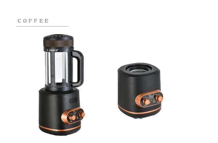 Black coffee maker with glass pitcher, digital temperature control, and copper accents on a white background.