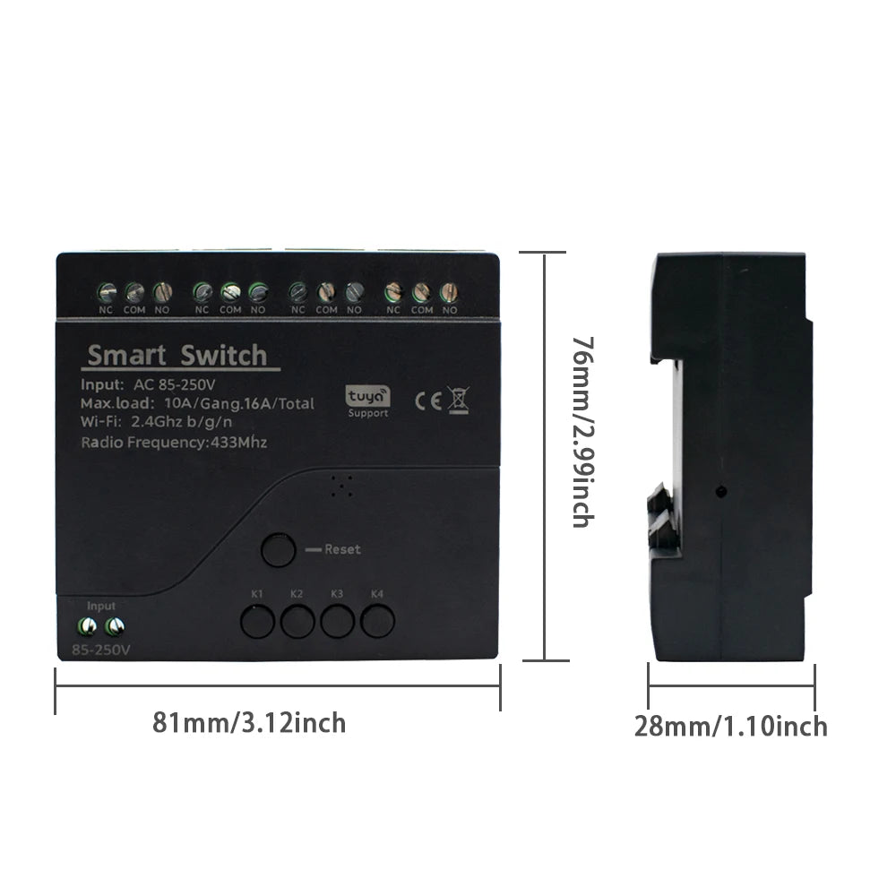 Black Style Tuya 4CH Wifi Smart Home Appliance Control Switch Module 220V 85-250V 10A Relay With Momentary Toggle Interlock Mode