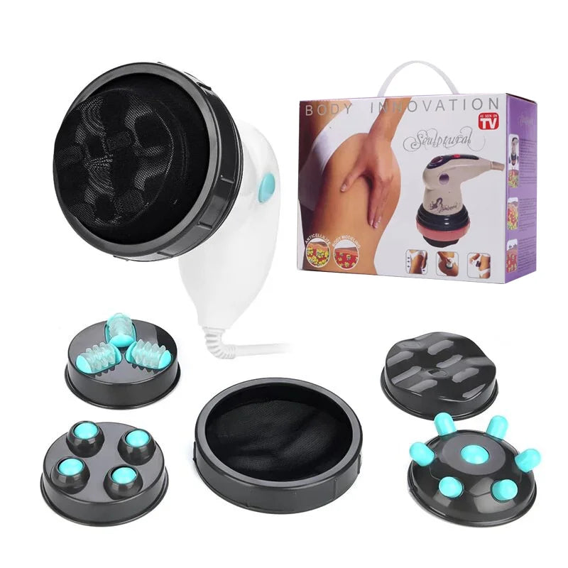 Electric cellulite massager with white handheld device, power cord, and four interchangeable textured massage heads.