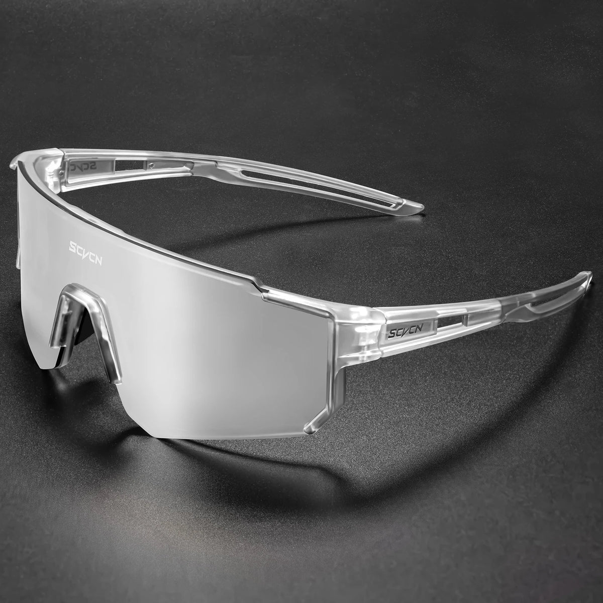 Cycling sunglasses with clear frame and clear lens, side profile