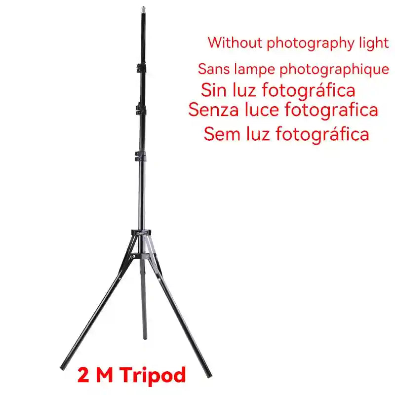 Two-meter black metal tripod stand for photography lighting, featuring adjustable height and a foldable three-leg base.