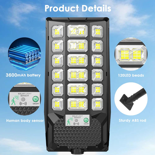 Black rectangular solar street light with multi-panel LED grid, motion sensor, and mounting bracket.