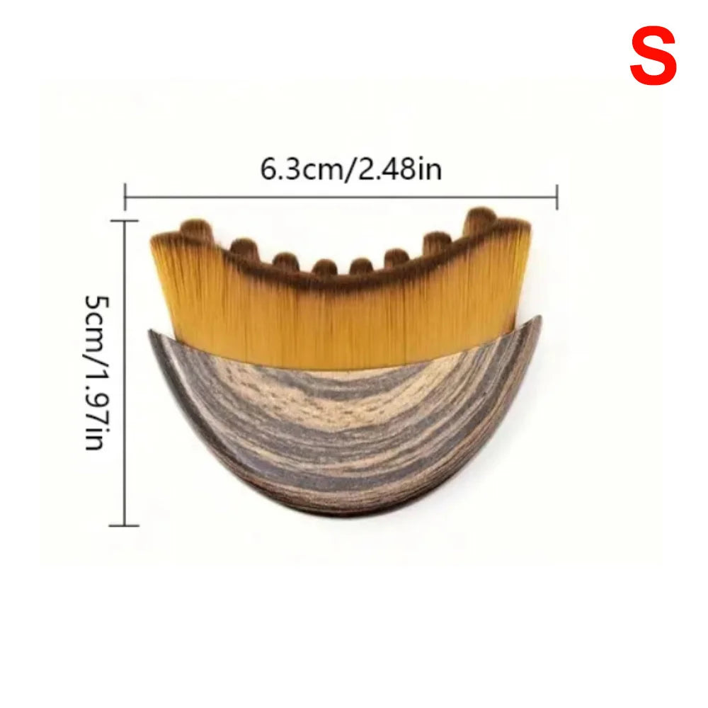 Crescent-shaped contour brush with brown wood-grain base and soft, dense bristles, labeled with size dimensions.