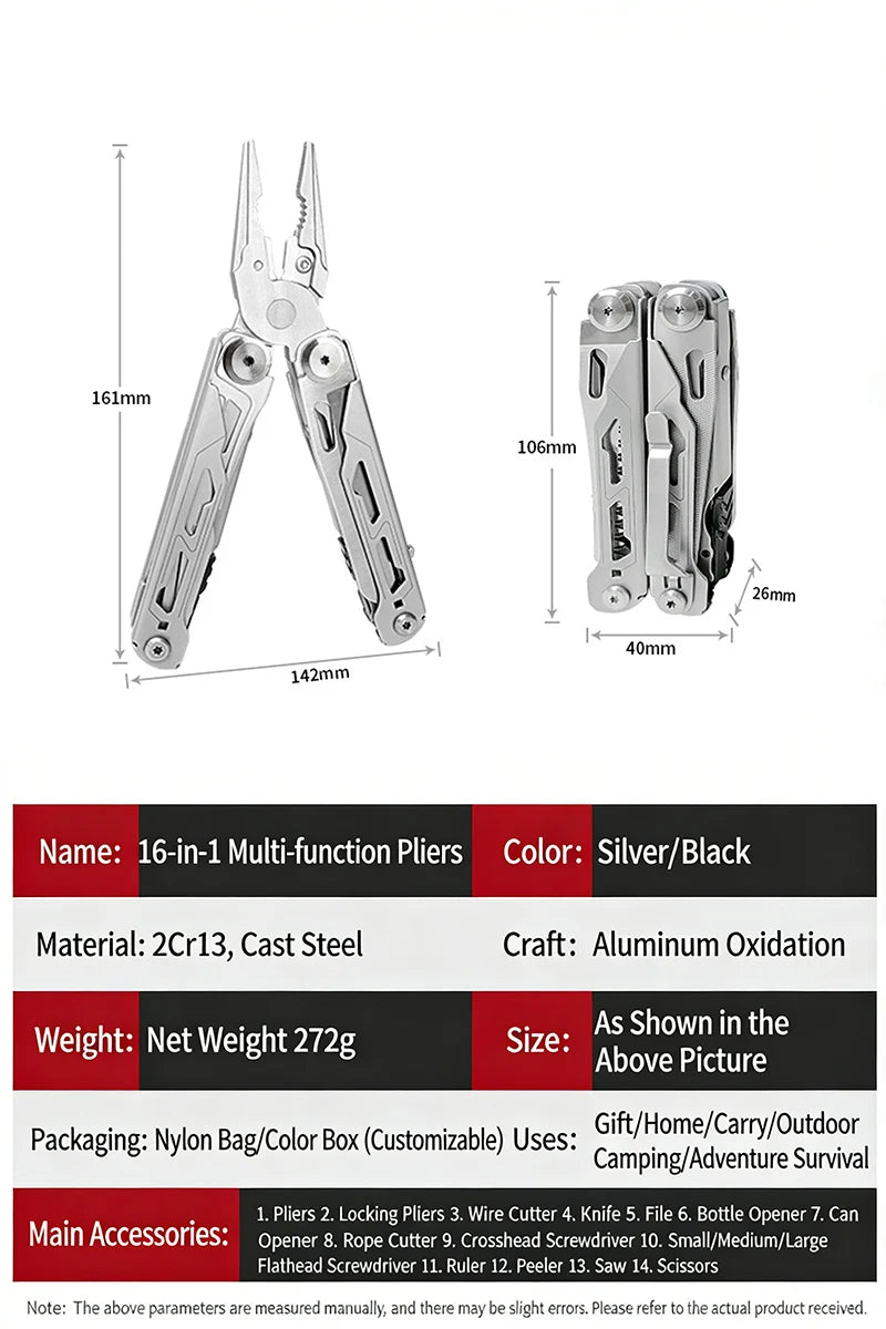 16-in-1 Plier EDC Multitool Screwdriver Folding Plier Set Multi Tool Multifunction Pocket Knife File Ruler Camping Hand Tools