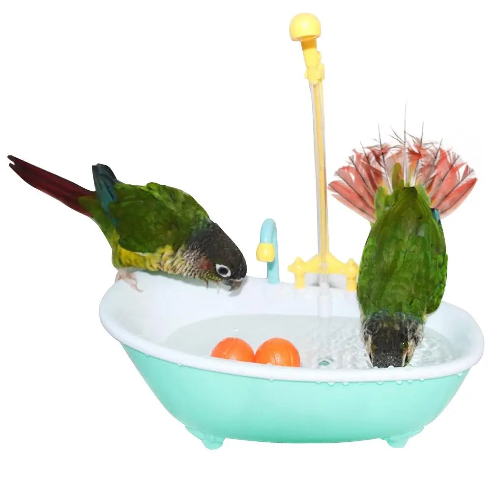 Automatic plastic parrot bathtub with shower fountain for parakeets to bathe and play safely.