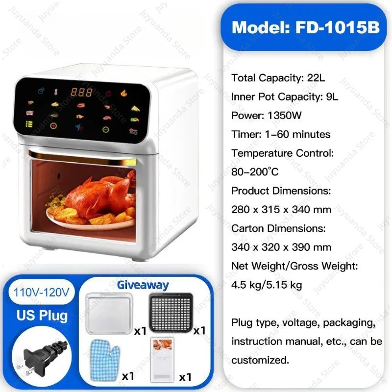 White air fryer oven with digital touch display and transparent cooking window