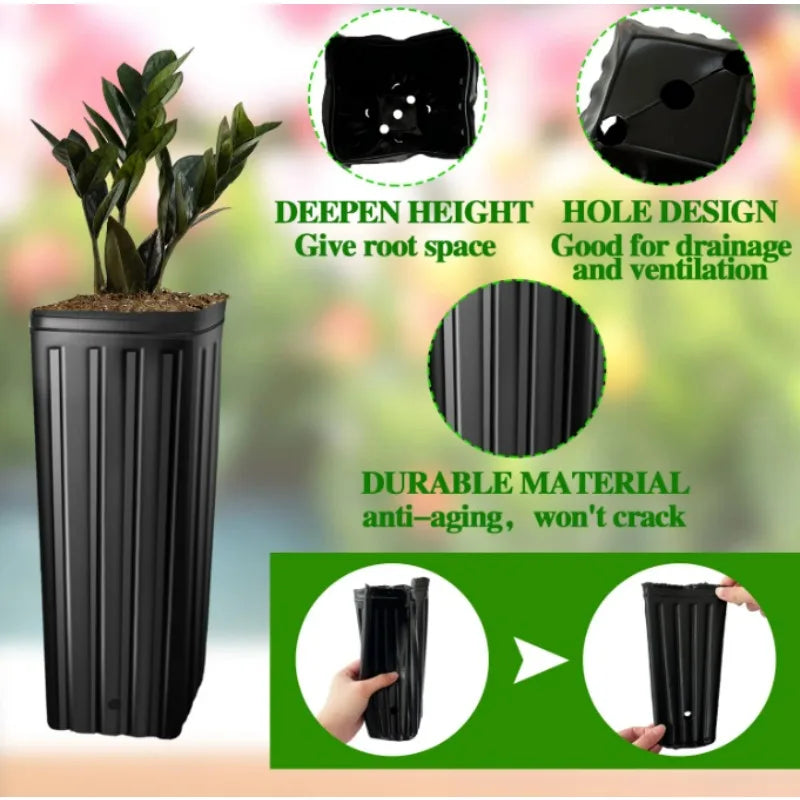 Tall black plastic deep nursery pot with deep root space and multiple drainage holes