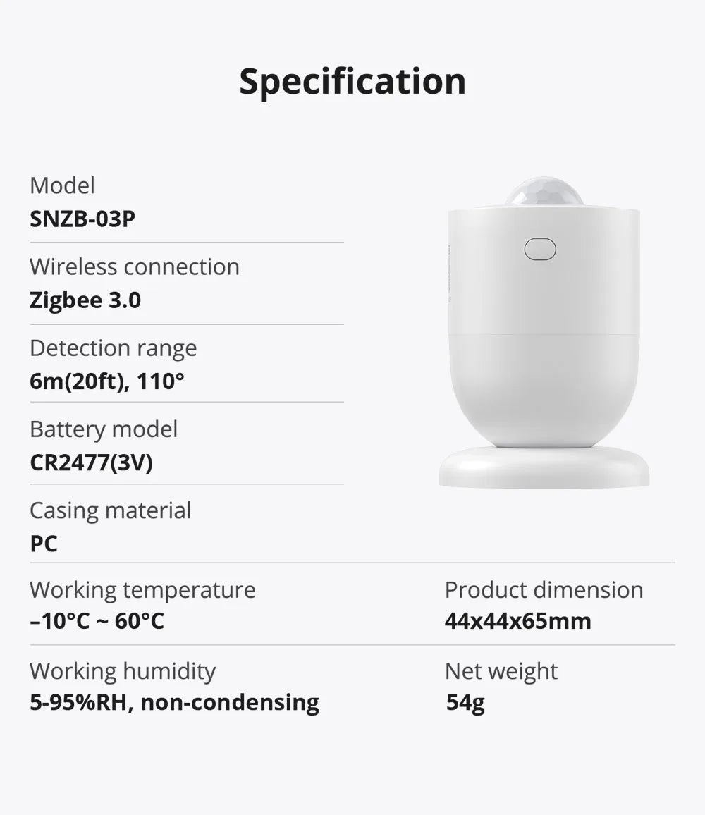 SONOFF SNZB-03P ZigBee Motion Sensor Smart Light Detection Motion Trigger Alarm Work with ZBBridge via EWeLink APP Alexa Google