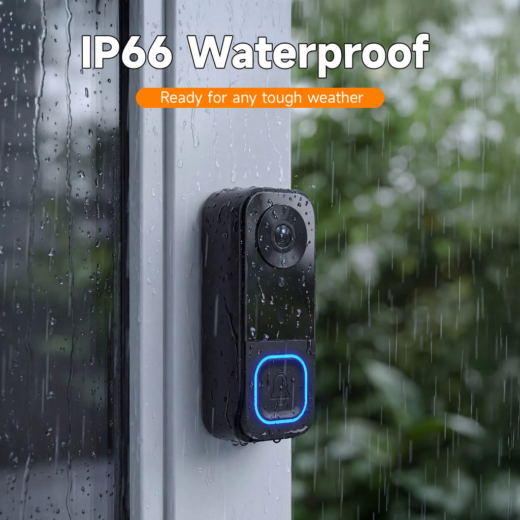 Video Doorbell HD Camera Night Vision No Monthly Fee Local Storage Up to 128GB Micro SD Card Two Way Talk IP66 Waterproof 300K Pixel Full Body View Local Screen Playback Desktop Stand Wall Bracket Day Night Protection for Hom