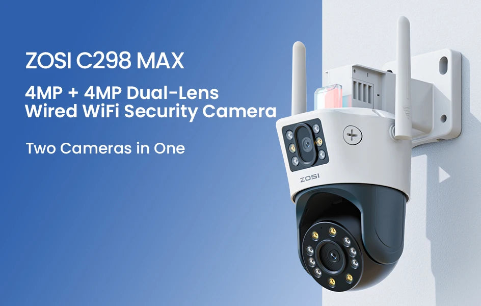 ZOSI C298 8MP/4MP Dual-Lens Wired WiFi PTZ Security Camera Outdoor Wide Angle 8X Hybrid Zoom AI Detection 360 Surveillane Camera