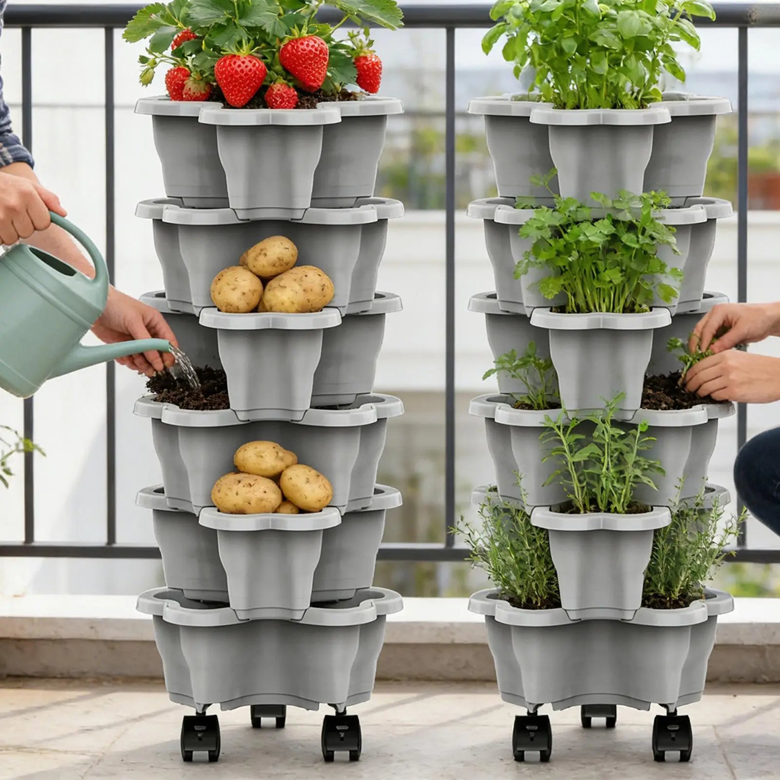 6-Tier Plastic Stackable Vertical Flower Pot Garden Planter Tower With Movable Casters For Strawberry Vegetable Frame Growing