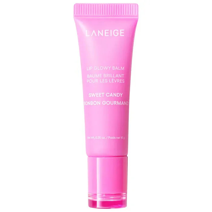 Laneige Sweet Candy Lip Glowy Balm in a pink squeeze tube, a hydrating glossy lip treatment for shiny, soft lips.
