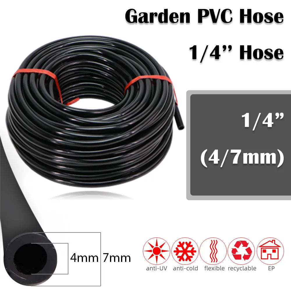 1/4-inch garden PVC hose coil with 4/7mm inner size; black tubing with orange stripe