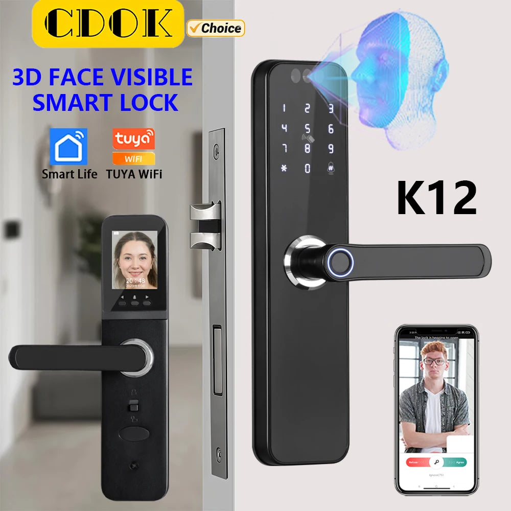 CDOK K12 Tuya WiFi smart door lock, remote unlocking, with cat-eye camera and face unlocking