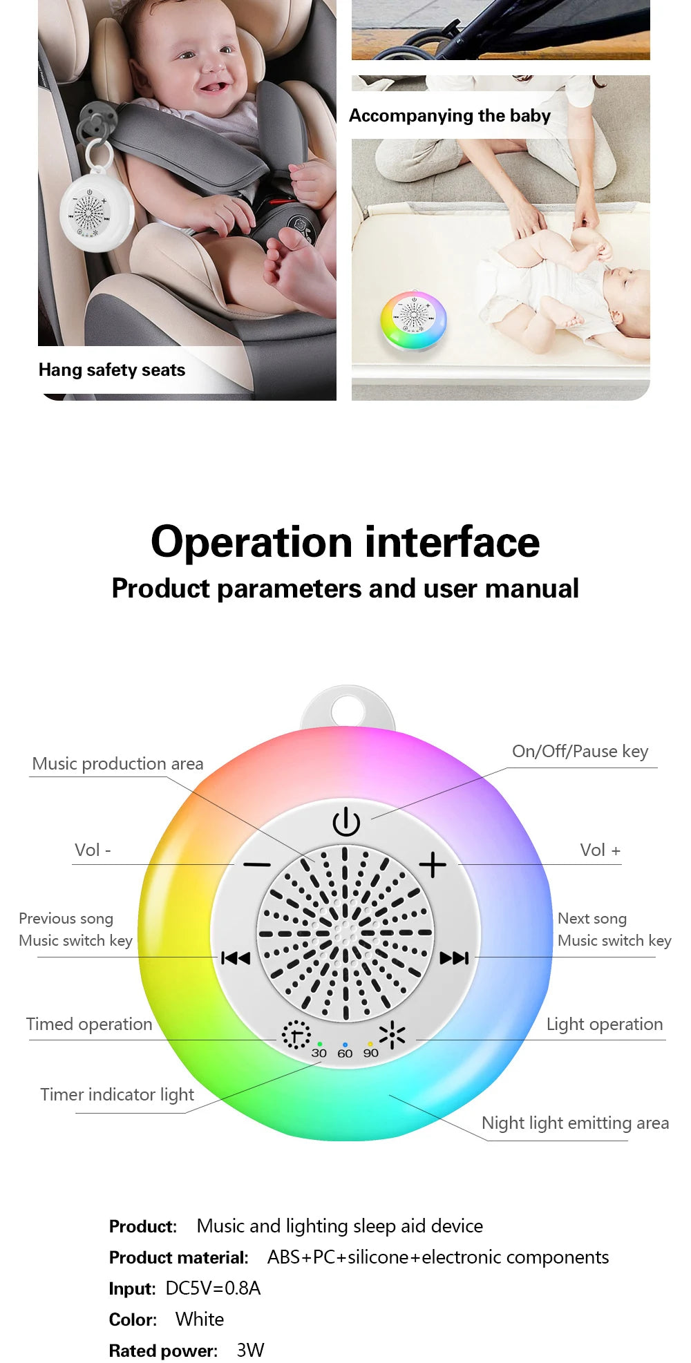 Baby Sleep White Noise Machine USB Rechargeable Timed Shutdown Sleep Machine Baby Sound Player Night Light Timer Noise Player