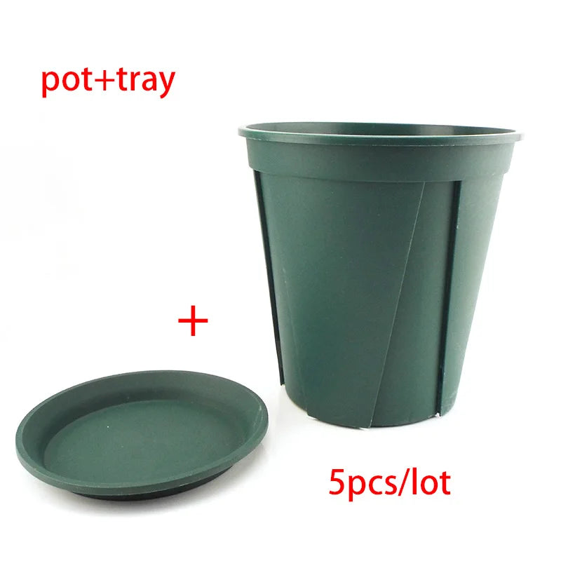 Green plastic flower pot with matching round tray saucer, stackable nursery planter set