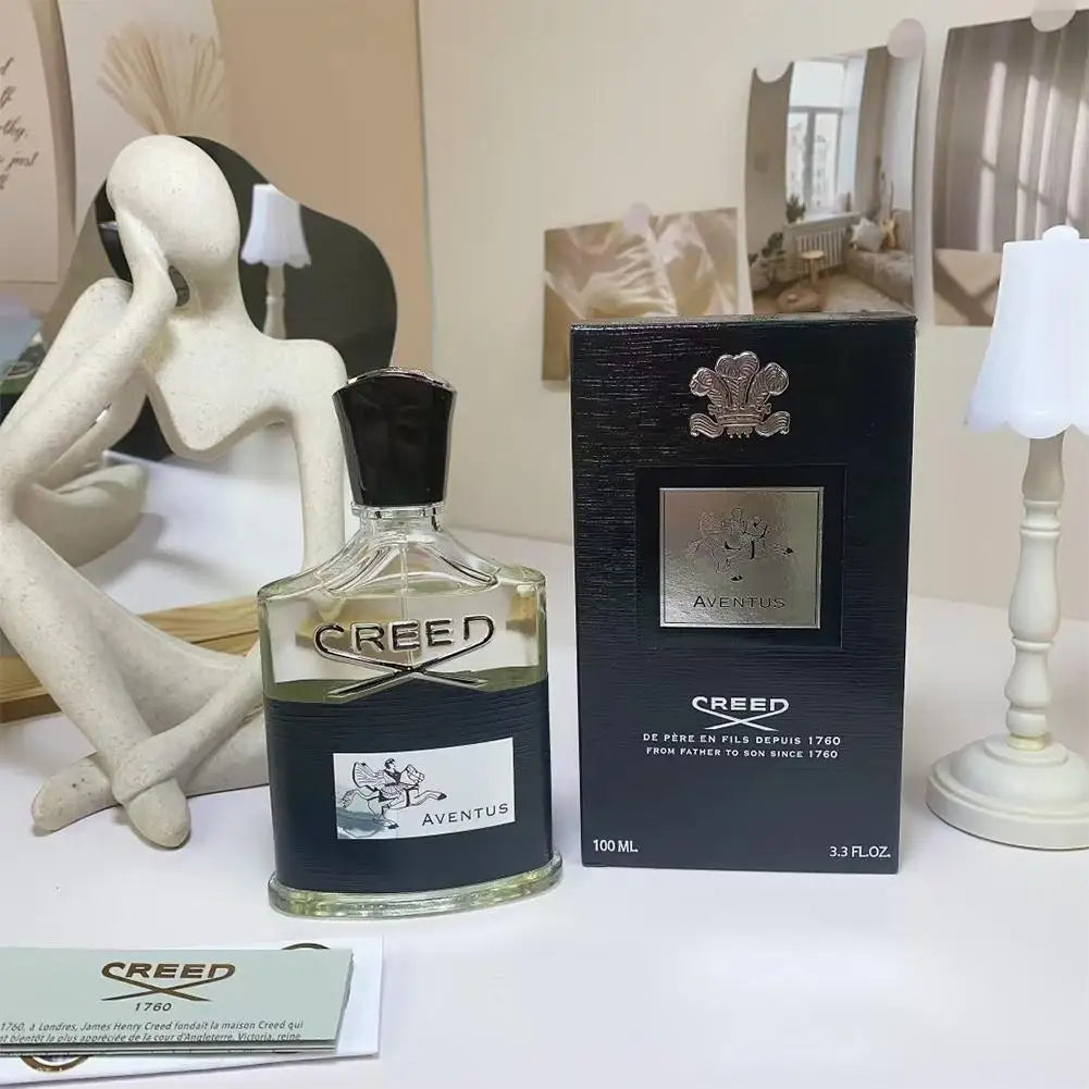 Creed Aventus 100ml EDP spray, iconic black-labeled glass bottle, luxury unisex fragrance, authentic brand packaging.