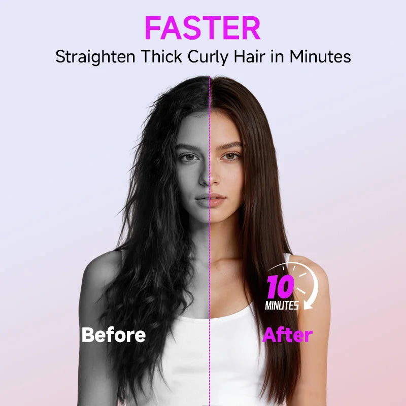 Before and after result of a professional flat iron straightening thick, curly hair in just 10 minutes.