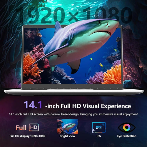 Silver 14.1-inch laptop with a slim profile, thin screen bezels, and a vibrant underwater shark display.