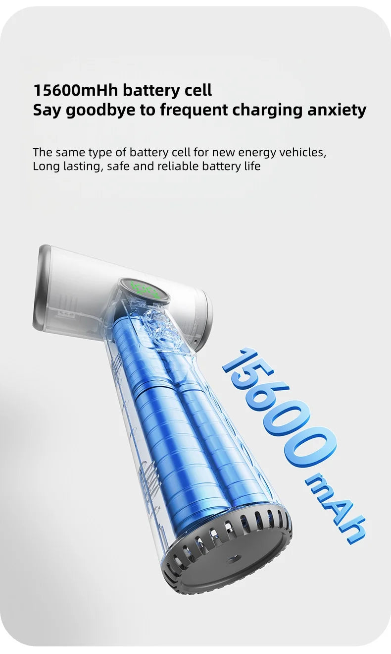 Portable wireless hair dryer with 15600mAh battery, clear handle design, and digital display for travel and home use.