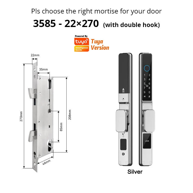 Tuya Wifi App Waterproof Smart Aluminum Door Lock Euro Double Hook Mortise Fingerprint Password Electronic Sliding Door Lock