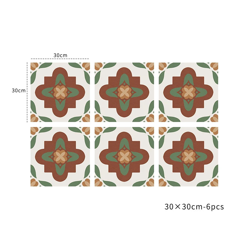 Peel-and-stick vinyl tile set, green and brown floral cross pattern, 6pcs 30x30cm