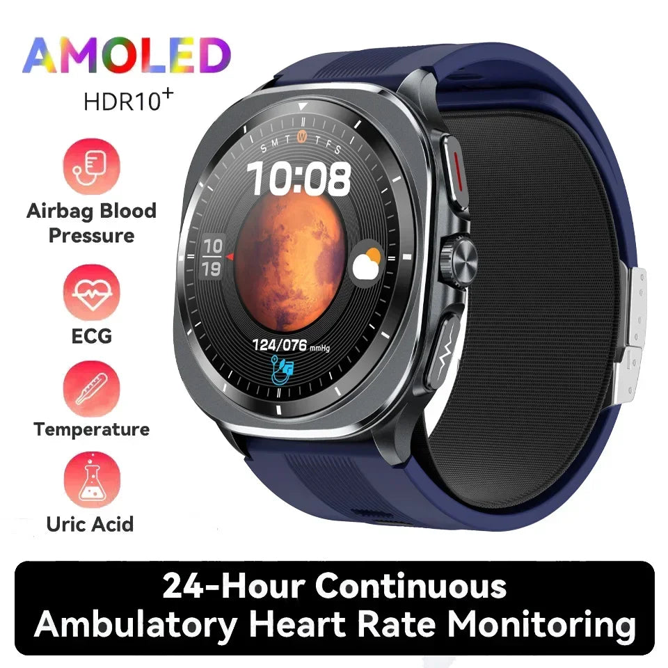 Smart watch with black dial and blue strap, round face and side crown button