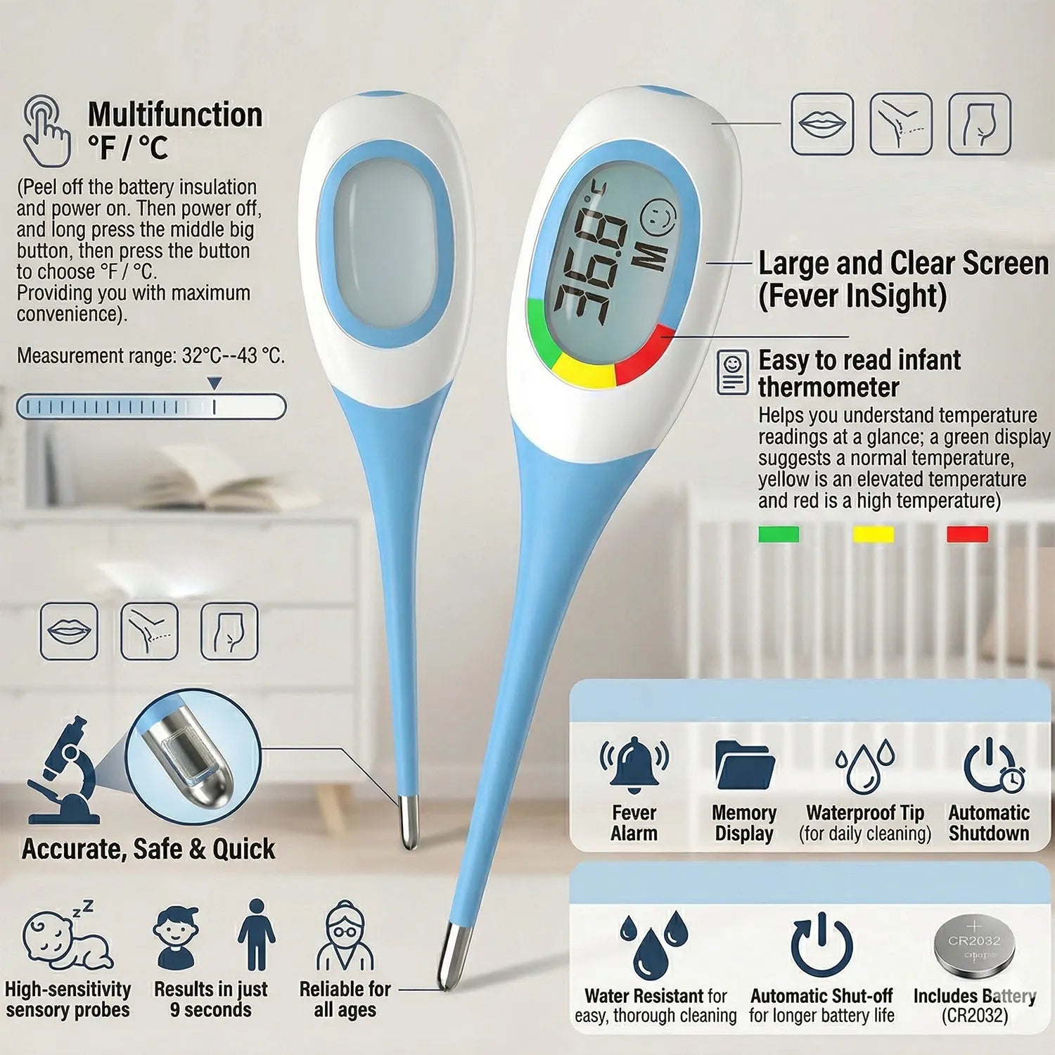 Backlit Medical Temperature Infrared Non-contact Thermometer Forehead Thermomete LCD Display Fever Measure For Baby Adult