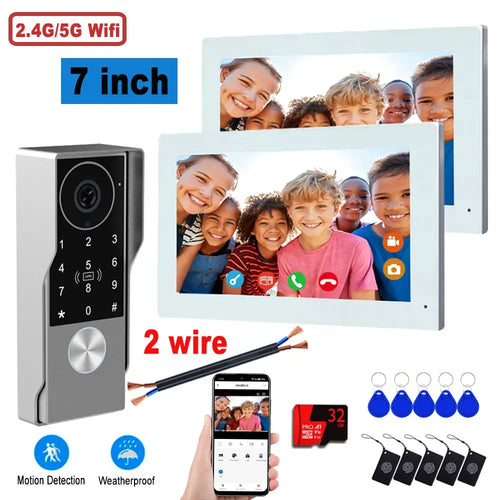 2-wire WiFi video door intercom kit with keypad doorbell, 7-inch monitors, cards