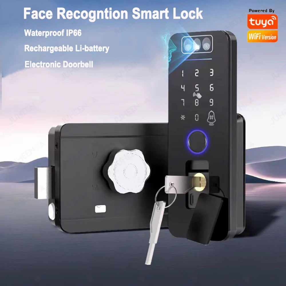 Outdoor Gate Waterproof Smart Tuya Wifi Lock 3D Face Recognition Digital Code Keyless App Remote Biometric Fingerprint Rim Lock