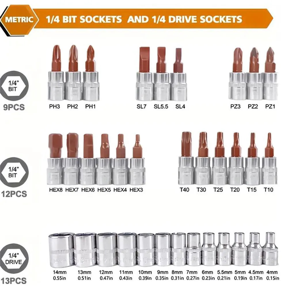 Leekooluu 216PCS 1/4" 3/8" 1/2" Socket Wrench Set with 24-Tooth Ratchet Wrench for Automotive Motorcycle Repair & Household