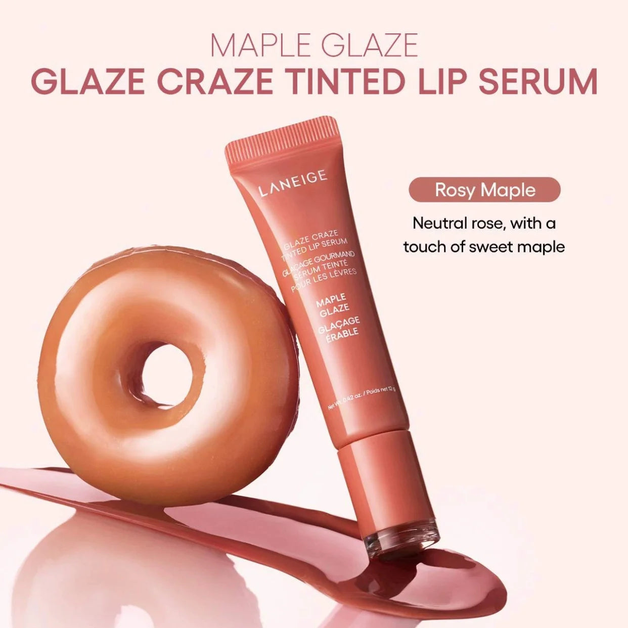Laneige Glaze Craze Tinted Lip Serum in Rosy Maple, a hydrating, glossy lip treatment with a smooth, shiny texture.