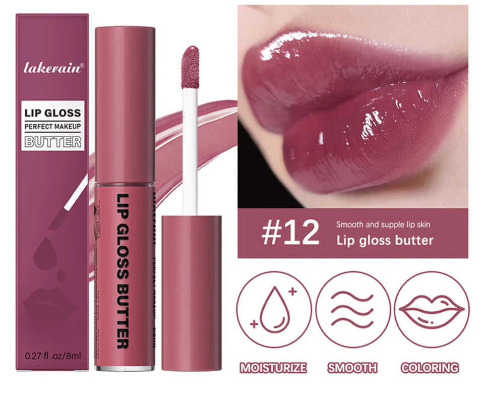 Lakerain Butter non-stick moisturizing mirror lip gloss in shade #12, featuring a glossy, smooth, high-pigment finish.