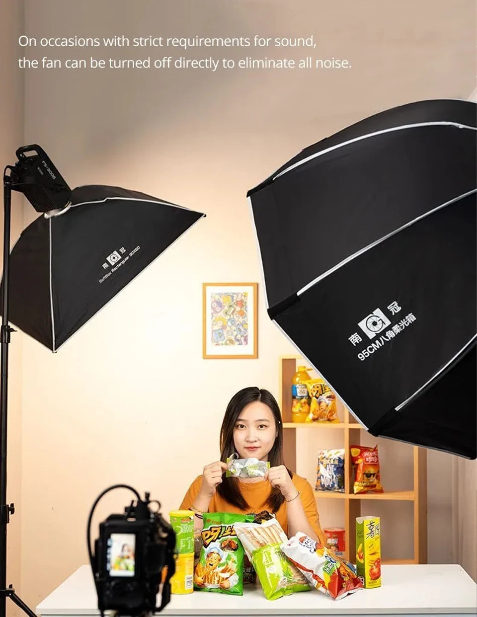 Black rectangular and octagonal softboxes on stands for studio photography lighting.