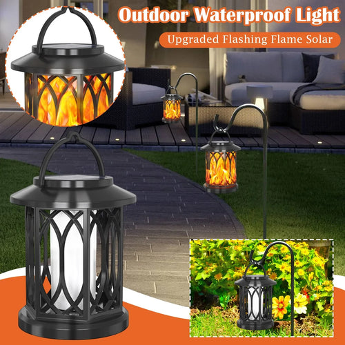 Outdoor black solar flame lantern set with hanging hooks and diamond-pattern panels.