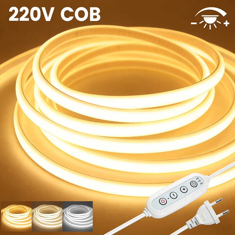 Dimmable 220V COB LED Neon Strip Light 4key Controller EU Plug Flex Tube 3000K 4000K 6000K for Staircase Bar Counter Lighting