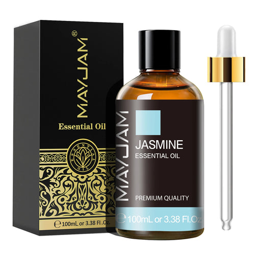 MAYJAM Jasmine essential oil in amber bottle with dropper for aromatherapy and wellness.