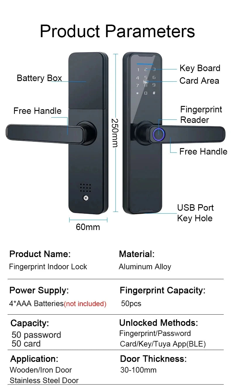 Tuya Fingerpirnt Password Smart Door Lock Digital Keypad Electronic Lock Card Keys Fingerprint Tuya Bluetooth Smart Lock Keyless