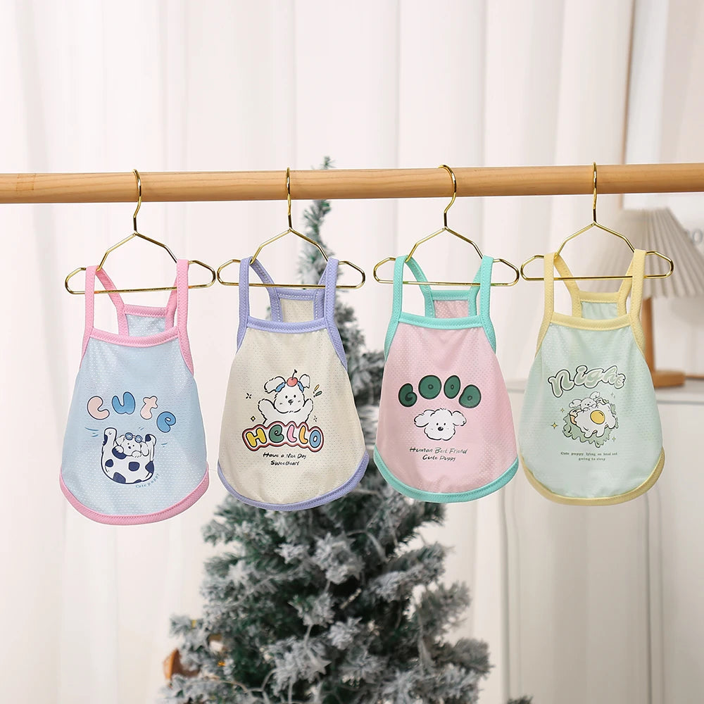 Breathable ice silk pet suspender shirts for dogs and cats. Colorful, lightweight summer clothes to keep pets cool.