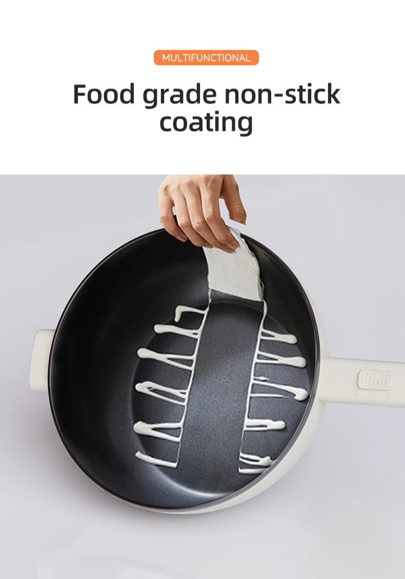 Black nonstick cooking pan being lifted, with white handle and edge grips