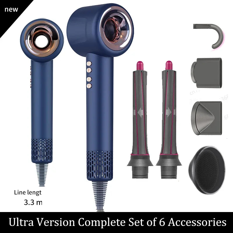 Blue 1600W leafless hair dryer with negative ion technology, 6 styling attachments, and 3.3m cord for professional hair.