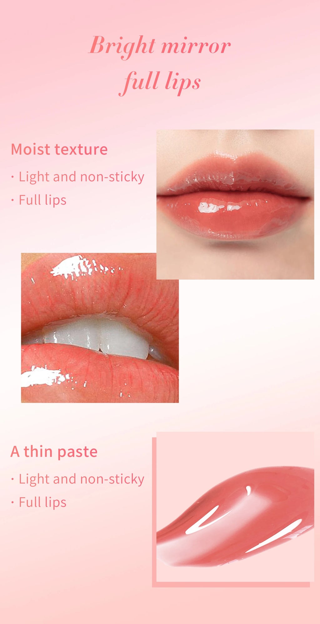 Crystal jelly moisturizing lip oil for plumping, non-sticky glossy finish with a tinted coral shine for full lips.