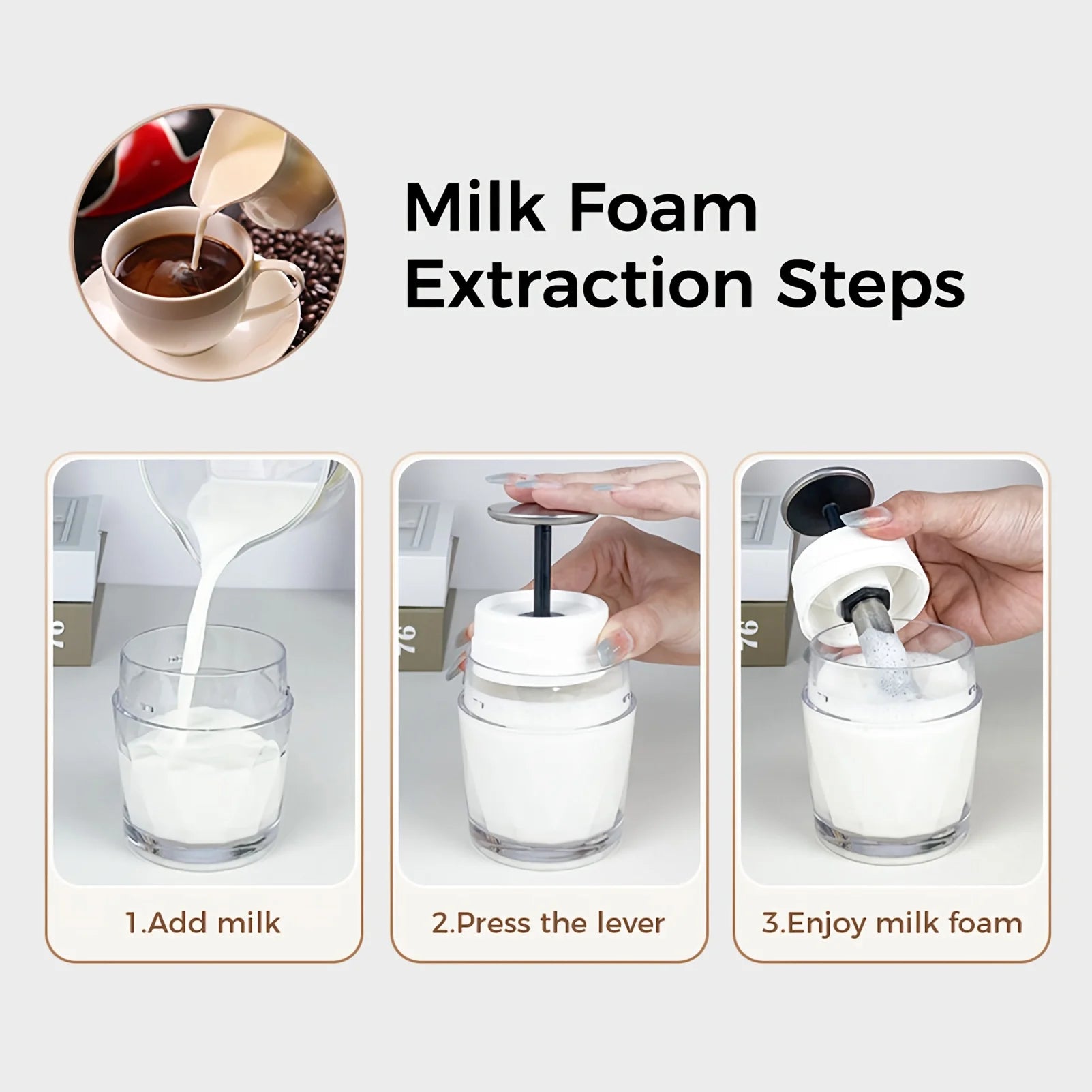 Instructional graphic showing a white manual milk frother with a clear glass cup and a plunger lever mechanism.
