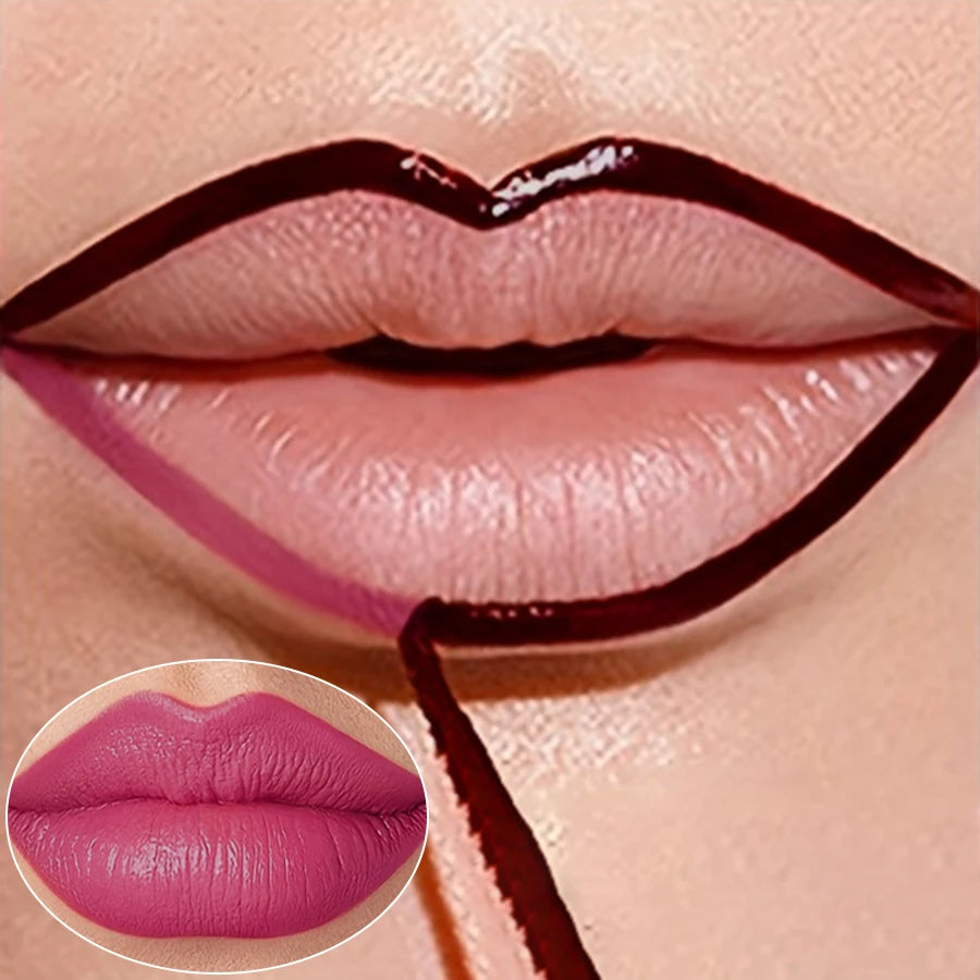 Peel-off liquid lipstick showing a dark, transfer-resistant lip stain being applied to reveal a vibrant pink matte tint.