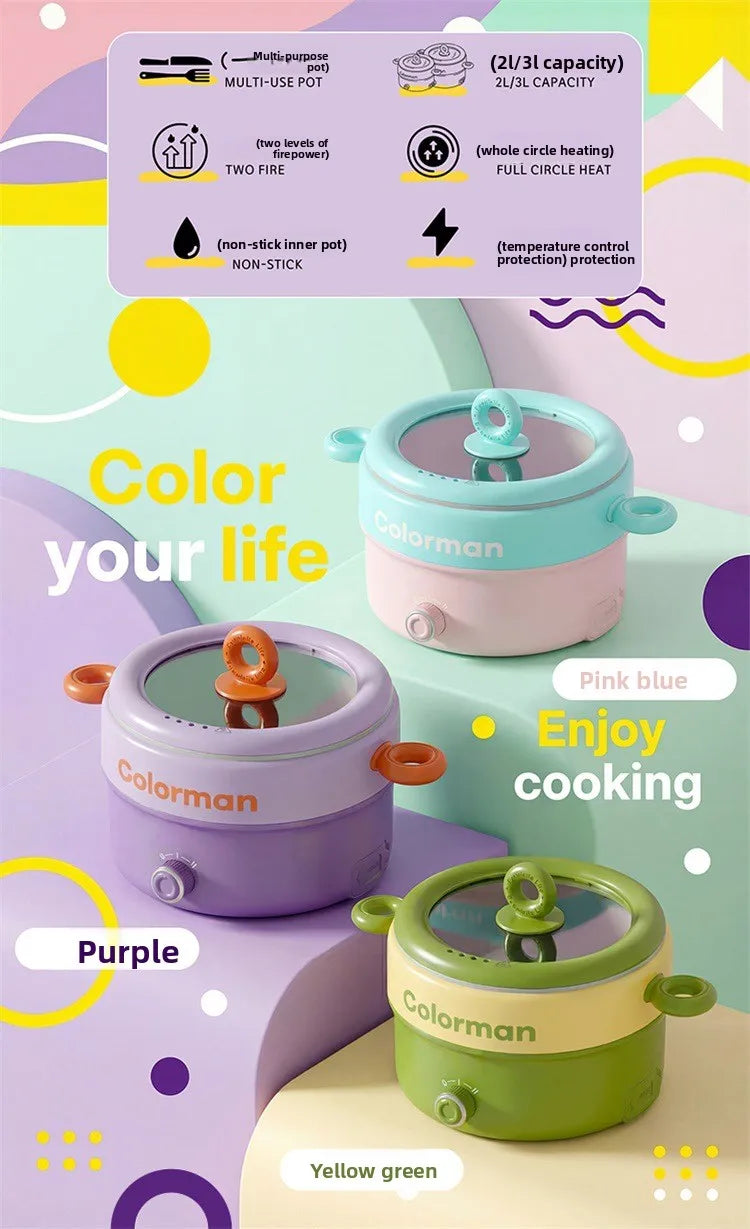 Colorman electric pot with lid and dual handles in teal, purple, and yellow-green